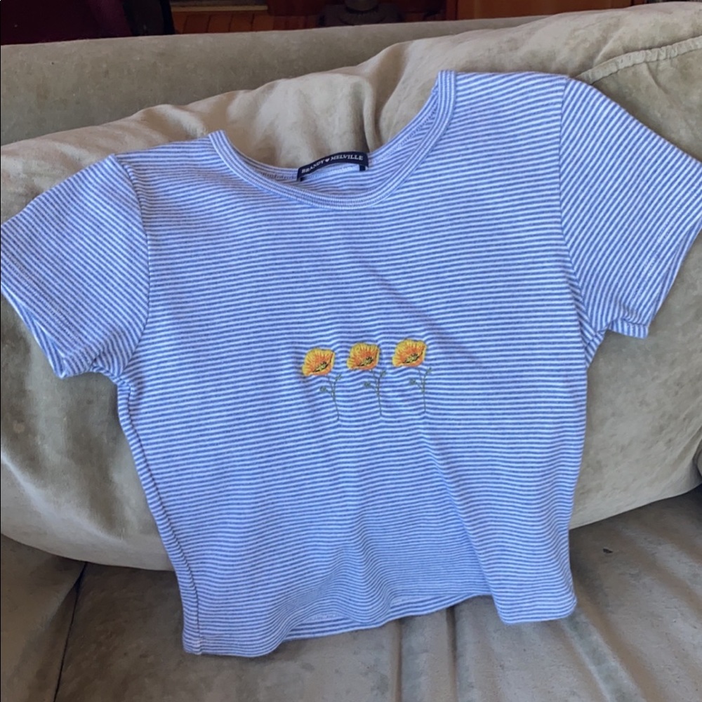Brandy Melville crop top, blue and white striped with yellow flowers, one size